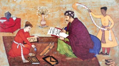 989 (1581) Tarihli Bir Gülistan Yazmasından Genç Nakkaş Manohar ile Hattat Muhammed Hüseyin’i Gösteren Minyatür (London India Office Library and Records)