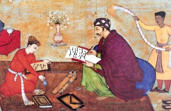 989 (1581) Tarihli Bir G&uuml;listan Yazmasından Gen&ccedil; Nakkaş Manohar ile Hattat Muhammed H&uuml;seyin&rsquo;i G&ouml;steren Minyat&uuml;r (London India Office Library and Records)