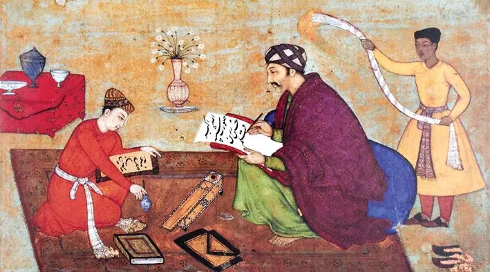 989 (1581) Tarihli Bir Gülistan Yazmasından Genç Nakkaş Manohar ile Hattat Muhammed Hüseyin’i Gösteren Minyatür (London India Office Library and Records)