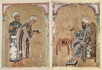 İki Öğrenci Dioscorides'e De Materia Medica'yı Sunuyor , De Materia Medica , 1229, Mürekkep, Opak Suluboya Ve Altın ile Kağıt