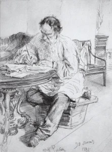 Leo Tolstoy Yuvarlak Masada Çalışırken (İlya Efimovich Repin) M.1891