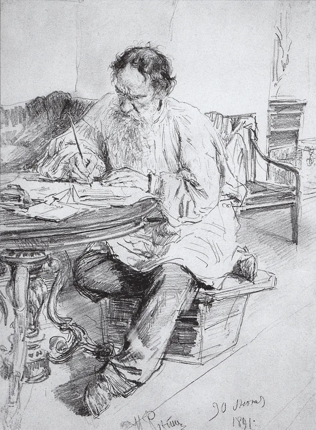 Leo Tolstoy Yuvarlak Masada Çalışırken (İlya Efimovich Repin) M.1891