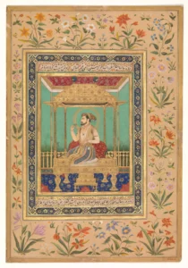 Tavuskuşu Tahtındaki Babür İmparatoru Şah Cihan'ın Fotoğrafı. Govardhan Hindistan - Babür Dönemi H.1044 (Katar Müzesi)